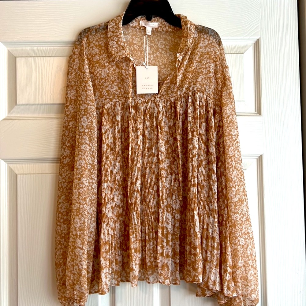 Lauren Conrad Tan and Cream Pleated shirt